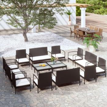 16-Piece Black Poly Rattan Garden Lounge Set with Cushions