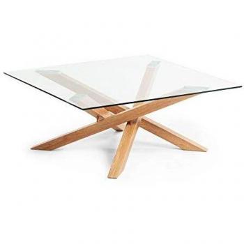 Kave Home - Mesa de Centro Kamido Transparente Cuadrada 90 x 90 cm de Cristal Transparente y Patas de Metal con Efecto Madera