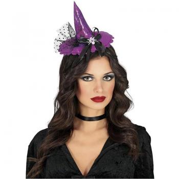 Diadema de Mini Sombrero Bruja Lila Guirca - Diadema con mini sombrero de bruja en color lila, ideal para disfraces y fiestas temáticas