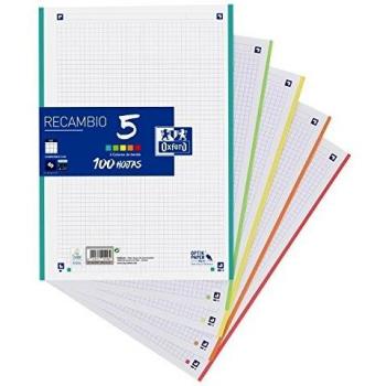 Hojas cuadriculadas A4 Recambio Oxford. Banda 5 colores. 100 Hojas. Cuadrícula 5x5.