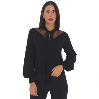 Black Lace-Detail Twinset Pullover, Relaxed Fit, Size L