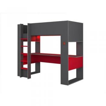 Cama Alta Gamer Noah con Escritorio y Compartimentos - 90 x 200 cm - Con LEDs - Antracita y Rojo