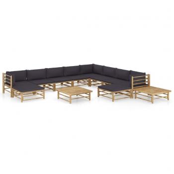 12-Piece Dark Grey Cushion Bamboo Garden Lounge Set