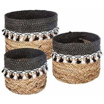 Set de 3 cestas de almacenamiento en seagrass con pompones - Tamaños S, M y L