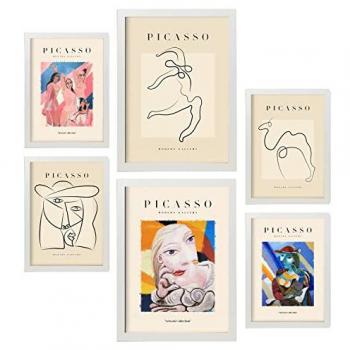 Set de 6 Posters Artísticos en Tinta Negra de Picasso. Armonía, Cubismo y Surrealismo para Decoración Interior. Tamaños A3 & A4 con Marcos Negros