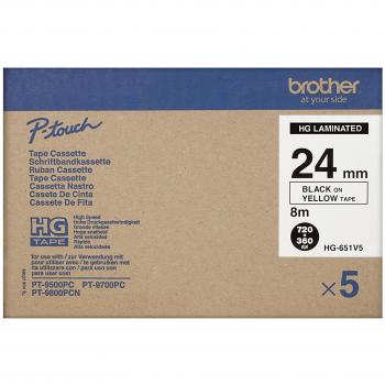 Etiquetas de Impresora Brother HG651V5 - Cinta de 24mm x 8m, Color Negro y Amarillo, Laminada