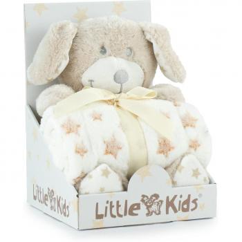 Pack Peluche Perro Marrón 28cm y Manta Coralina Blanca y Marrón