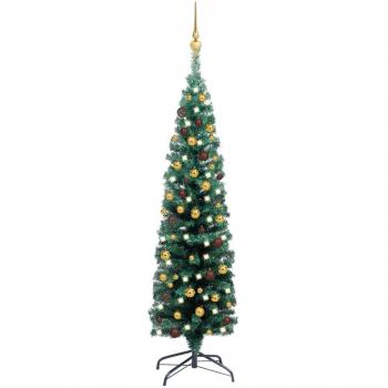 vidaXL Árbol de Navidad artificial delgado LEDs y bolas verde 120 cm