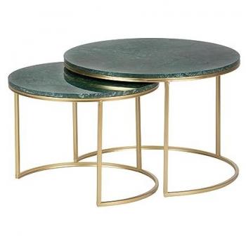 Set de 2 Mesas Verde Dorado 60x60x41 cm y 50x50x38 cm, Alta Calidad, Marmol/Metal