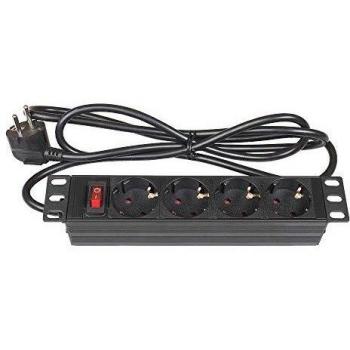 Regleta de 10 Pulgadas (PDU, 1HE) con 4 Tomas de Toma de Tierra y Protección Infantil - Interruptor y Perfil de Aluminio Negro