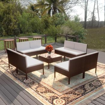 9-Piece Brown Poly Rattan Garden Lounge Set with Cushions