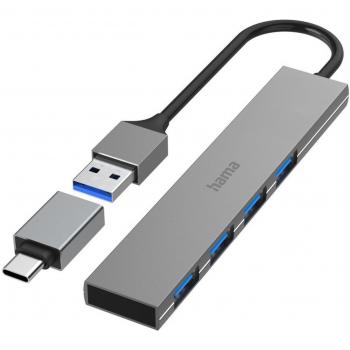 Hub USB Hama 00200141 con 4 puertos y adaptador USB-C