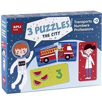 APLI Kids 18797-Set de 3 Ciudad: Transportes, Profesiones y Números-24 puzle tamaño 7 x 7 cm