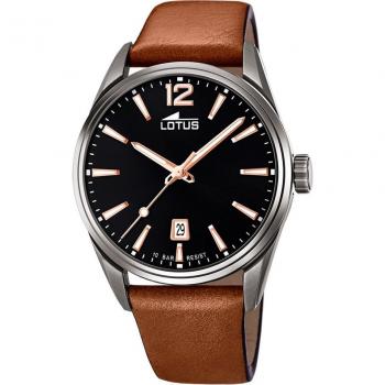 Reloj Lotus Chrono 18685/2 para Hombre con Esfera Negra y Correa de Piel Marrón, Caja de Acero Inoxidable 316L Gris