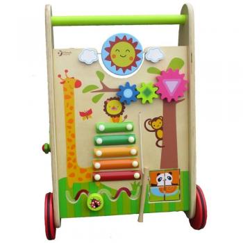 Andador Multifuncional de Madera Classic World 2 en 1 con Centro de Actividades, Bloques de Clasificación, Rompecabezas, Xilófono, Reloj y Engranajes, Hecho de Madera
