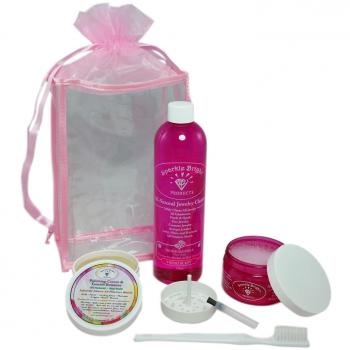 Limpiador de Joyería Completamente Natural | Kit Deluxe - 4 oz de Limpiador Líquido y 2 oz. de Crema de Pulido Removedora de Manchas, 12 oz. de Recarga Líquida, Cepillo Suave, Asas Recortadas de Satín
