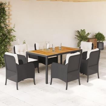 7-Piece Black Poly Rattan Garden Dining Set with Cushions