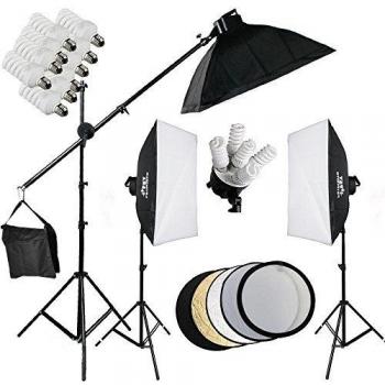 BPS Kit 2850W 5500K Softbox Estudio Fotografía - Portalámpara 5 en 1 iluminación continua + Softbox 50x70cm + Soporte tipo jirafa de luz + Bolsa de transporte + 5 en 1 Reflector difusor de luz de disco - Equipo completo de estudio fotografía profesion