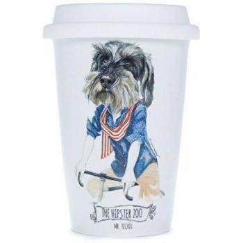La Cija The Hipster Zoo Mr.Teckel Vaso Americano de Porcelana con Tapa de Silicona, Blanco, 9.9x9.9x13.7 cm