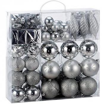 Set de 103 Bolas de Navidad Plata - Adornos Brillantes, Mate y Glitter para Decoración Interior y Exterior