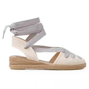 Alpargatas de niña estilo goyescas con cintas y cuña en color gris claro, talla 37