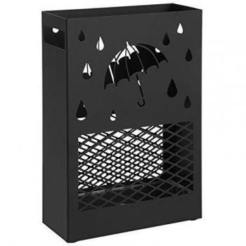 SONGMICS Paragüero de Metal, Soporte de Paraguas, Rectangular, con Bandeja de Agua Extraíble, 4 Ganchos, Diseño Tallado, para Entrada, Oficina, Negro LUC004B01