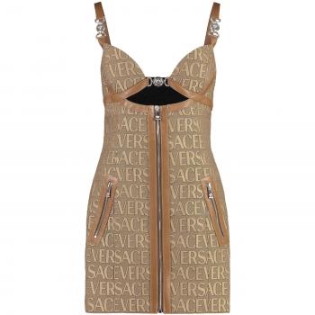 Versace Women's Jaquard Mini Dress in Beige, Size 42, Style 10112331A03315, Color 2N740 with monogram design and leather trims