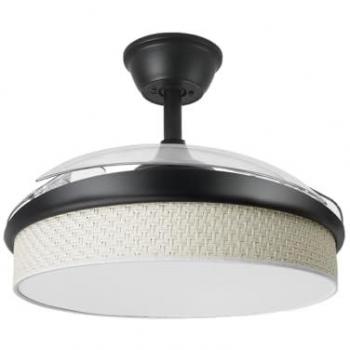Ventilador DC Moda 72W Negro/Cañizo Blanco con 3 Aspas, 7200lm, Luz Regulable (3000K/4000K/6000K), Control Remoto y Temporizador