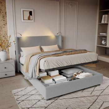 Cama Contenedor 140x200 cm, Terciopelo Acanalado, Cabecero con 2 Luces de Lectura y Puertos USB, Estructura de Cama, Canapé, Somier a Lamas -