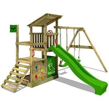 Parque infantil de madera FruityForest con columpio, tobogán, torre de escalada, arenero y escalera para niños - verde manzana