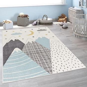 Alfombra Infantil Moderna Motivo Montañas con Estrellas Nube Azul Ø 160 cm Redonda - Paco Home
