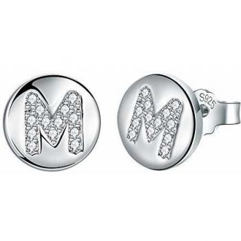 J.Endéar Pendientes Letra inicial M Niñas Mujer Plata de ley 925 con circonita cúbica Disco redondo Joyas, Tamaño pequeño