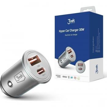 Cargador de coche 3MK Hyper 30W - USB-C PC3.0, USB-A QC4.0 - Plata