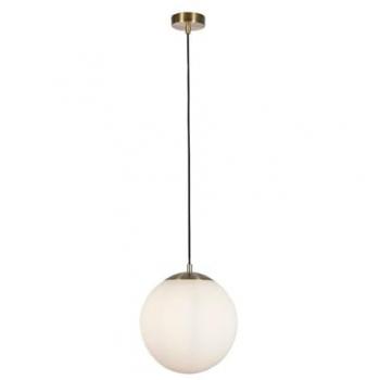 Lámpara colgante Atom de 30 cm de latón satinado y cristal opalino, suspensión contemporánea, acero, vidrio, 1 luz E27, diámetro de 33 cm