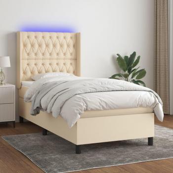 Cama box spring con colchón y luces LED, tela crema, 90x200 cm
