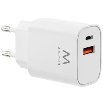 Cargador Rápido Ewent EW1326 30W con Doble Puerto USB-C PD y USB-A QC3.0, Carga Rápida para Móviles y Tablets, Blanco