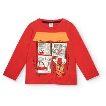 Camiseta Roja para Niña con Estampado de Ventana y Gatito - Colección Cartoon Calling (Talla 8 años)