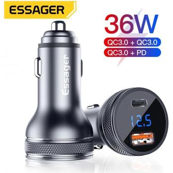 Cargador de coche USB Essager Mini carga rápida 3.0 Dual USB tipo C para iPhone 14/13 y Xiaomi color gris