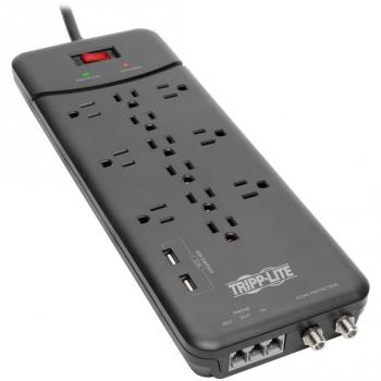 Tripp Lite 12-Outlet Surge Protector Power Strip with USB Ports, Tel/Modem/Coax Protection, 8ft Cord, Black