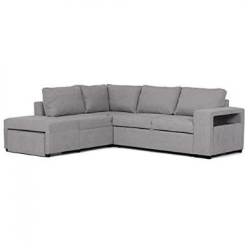 Confort24 Zurie Sofá Cama 3 4 o 5 Plazas Esquinero Derecha o Izquierda con Puff 2 Arcóns y Estante Tela Gris Grande Salon Decoración de Hogar
