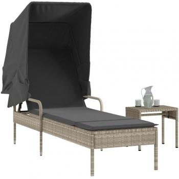 Cama con dosel y mesa de ratán sintético gris claro