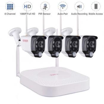 Sistema de cámaras de Seguridad inalámbricas Full HD 1080p Tonton, grabadora NVR 8CH y 4PCS 1080P 2.0 MP Cámaras Bullet para Interiores, Impermeables, al Aire Libre, con Sensor PIR,