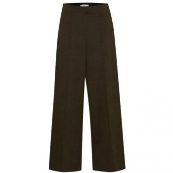 ICHI Women's Wide Green Pinstripe Trousers with Zip Fastening, Size XL