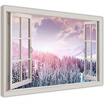 Imagen de invierno de nieve Árboles 3d ventana bahía marco de efecto cuadros en lienzo pared Art Prints 38 mm de grosor marco, lona, 02- A3 - 16 X 12