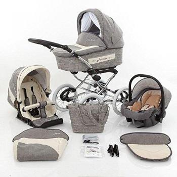 Lux4kids Cochecito Nostalgia Retro 3 in 1 Trio Silla de paseo ruedas fijas + capazo + silla para coche + VIP Hecho en Europa gris con ISOFIX con pecho de lana con sombrilla