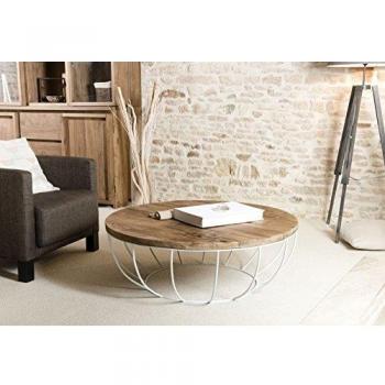 Mesa de centro redonda de 100 cm en teca reciclada con patas de metal blanco