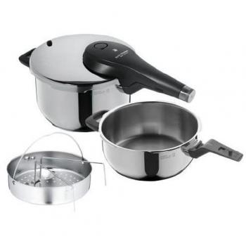WMF Perfect Premium - Set con Olla Rápida 22 cm de diámetro de 4 litros y medio + cuerpo 3 litros con cestillo de vapor, Acero Inoxidable para inducción