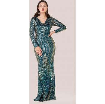 Emerald Green Two Toned V Neck Sequin Maxi Dress