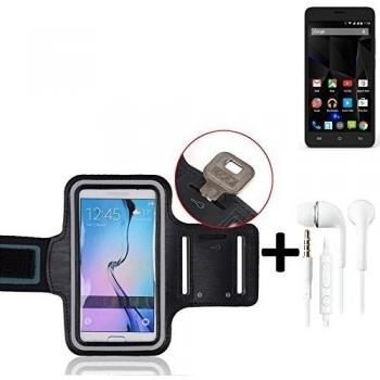TOP SET: Coloque brazal del neopreno Footing + Headset Case / brazal de los deportes / Case Deporte / Deporte Alto Brazalete / a Archos 50d Oxygen en negro, con franjas reflectantes. Universal aptitud de Apple para el uso al aire libre del [Fabricante] [M