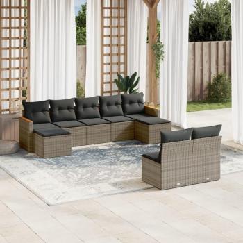 9-Piece Grey Poly Rattan Garden Sofa Set with Cushions